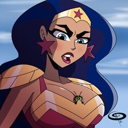 2girls big_breasts bumblebee_(dc) cleavage dark-skinned_female dc_comics dc_super_hero_girls diana_prince female female_only frostbiteboi karen_beecher minigirl multiple_girls shrunk tagme wonder_woman wonder_woman_(series)