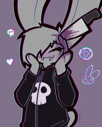 2021 anthro black_clothing blood blush bodily_fluids bone bunnie_(bunnielovesyou) bunnielovesyou clothing conditional_dnp fangs female fur grey_body grey_fur heart hoodie knife lagomorph leporid mammal pentagram purple_background rabbit simple_background skull solo tailwag topwear