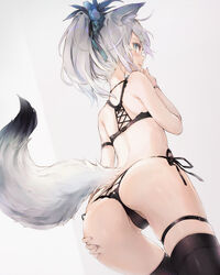 animal_ears arm_strap ass bare_shoulders black_bra black_legwear black_panties black_underwear blue_eyes bra bracelet cowboy_shot female fox_girl fox_tail from_behind hair_ornament hand_on_own_ass hand_up high_resolution jewelry kitsunemimi leg_belt lingerie long_hair looking_at_viewer looking_back original pantsu parted_lips partially_visible_vulva ponytail side-tie_panties silver_hair skindentation solo tagme tail thighhighs tied_hair underwear underwear_only yatsuha_(hachiyoh)