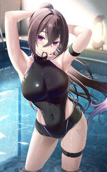 1girls big_breasts blush breasts brown_hair competition_swimsuit hallo original original_character ponytail purple_eyes swimsuit thick_thighs thighs tight_clothing tying_hair wet