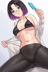 1girls black_bra black_hair blue_eyes bra coat elma_(dragon_maid) glasses looking_at_viewer miss_kobayashi's_dragon_maid popsicle purple_hair sarhce short_hair solo sweat two_tone_hair underboob white_coat