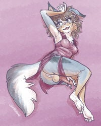 1futa 4:5 5_fingers 5_toes anthro areola balls breasts brown_hair canid canine canis clothing domestic_dog dress feet fingers full-package_futanari fur futanari genitals grey_body grey_fur hair herm intersex mammal nipples panties penis pussy smile solo toes underwear unimpressive_(artist)