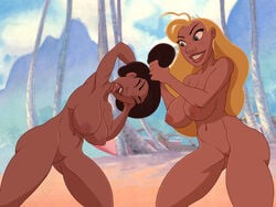 2girls areola areolae black_hair blonde_hair bottomless busty casual chrisbryer commission dark-skinned_female dark_skin disney female hourglass_figure human lifeguard_(lilo_and_stitch) lilo_and_stitch long_hair multiple_girls naked nani_pelekai nipples nude nude_female public straight_hair thebrise topless topless_female wide_hips