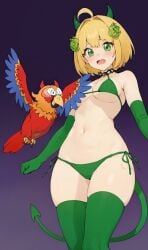 1girl ai_generated bikini blonde_hair blush devil devil_costume devil_horns devil_tail female green_eyes hair_ornament halloween mellonnchan nickelodeon parrot sergio the_casagrandes the_loud_house tongue_out