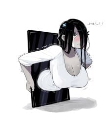 artist_request big_breasts black_hair blush breasts crying english_text grey_body grey_skin sad sadako_yamamura stuck tablet white_background