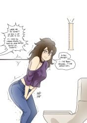 1girls biku breasts brown_eyes brown_hair english_text female hand_between_legs have_to_pee jeans looking_at_viewer original original_character purple_shirt simple_background tears toilet trembling white_background