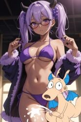 1girl african ai_generated bikini black_girl cum dark_skin devil_horns devil_wings female fur_jacket glasses graaape hair_ornament nickelodeon nicktoons penis purple_eyes purple_hair rocko rocko's_modern_life shooting_cum twintails wallaby wings