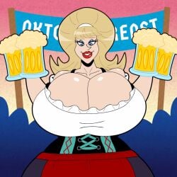 1girls animated barmaid beer beer_mug bigbertha blonde_hair blue_eyes bouncing_breasts breasts cleavage cleavage_dress crowd drawsputin dress female female_focus female_only german german_female hyper hyper_breasts jiggling_breasts large_breasts lips oktoberfest