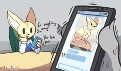 2d absurd_res aggretsuko anthro breasts canid canine cellphone chat_box clothed clothing dialogue digital_media_(artwork) electronics english_text female fennec_fox fenneko fox full_color hi_res holding_object holding_phone mammal nipples no_penetration nova_rain nude nude_female patreon patreon_logo phone phone_screen photo_comparison sanrio simple_background smartphone solo solo_focus text true_fox