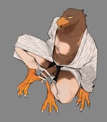 1boy bar_censor bara bath_yukata beak bebebe bird_boy censored claws colored_sclera colored_skin commentary_request dark_penis dark_skin from_above full_body furry furry_male grey_background highres invisible_floor japanese_clothes kimono looking_at_viewer male_focus multicolored_skin original parted_lips partial_commentary partially_undressed pectorals penis sanpaku simple_background sitting solo sweatdrop two-tone_skin yellow_sclera yukata