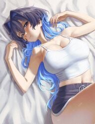 1girl armpits black_and_blue_hair cleavage crop_top curvy female hololive hololive_english large_breasts long_hair lying_on_back navel ouro_kronii samukzz virtual_youtuber vtuber