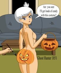 1boy bare_arms bare_ass bare_legs bare_shoulders bare_thighs blue_eyes bubble_ass bubble_butt femboy ghosthunter1851(artist) holding_object jack-o'-lantern lincoln_loud looking_at_viewer looking_back nickelodeon nicktoons nude nude_male painted_butt pumpkin_butt short_hair the_loud_house thick_ass thick_butt thick_hips thick_legs thick_thighs trap white_hair young