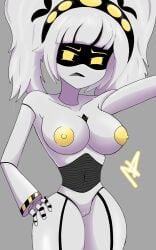 breasts female full_body j_(murder_drones) murder_drones robot twintails white_fur white_hair yellow_eyes