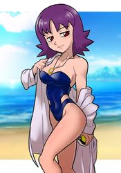 1girls 2021 beach blue_sky breasts brown_eyes centinel303 cleavage curvaceous female female_only gs_ball human labcoat large_breasts necklace nintendo ocean one-piece_swimsuit outside pale-skinned_female pale_skin philena_ivy poke_ball pokemon pokemon_professor pokemon_rgby purple_hair red_eyes seductive_look short_hair smile solo strapless_swimsuit swimsuit undressing