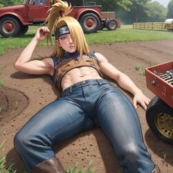 ai_generated big_butt butt_focus deidara farm farmer femboy femboy_focus flowers jeans looking_at_viewer naruto naruto_shippuden posing solo solo_focus text thick_thighs yaoi