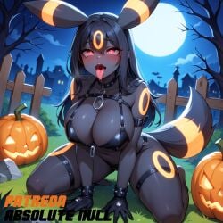 1girls absolute_null ahe_gao ai_generated bikini black_hair bra collar furry gloves graveyard halloween kneeling large_breasts outside pokemon pokemon_(species) pumpkin solo tail tongue tongue_out umbreon