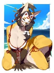 2025 5_fingers anthro beach biped blush bra breasts canid canine claws clothed clothed_anthro clothed_female clothing cloud countershade_torso countershading day digital_media_(artwork) female finger_claws fingers fox front_view fur green_eyes hi_res inner_ear_fluff kame_3 kneeling looking_at_viewer mammal mask masked_fox_(kame_3) orange_body orange_fur orange_tail outside sand sea sky smile solo tail tuft underwear water