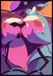 1girls big_breasts breasts chubby chubby_female halloween holding_breast nidoqueen nipples non-human_areolae pokemon pokemon_(species) pussy solo vagina willywea witch_hat yellow_eyes