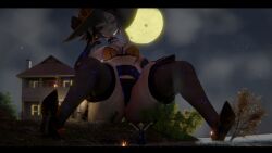 1boy 1girls 2024 3d 3d_(artwork) extreme_size_difference female full_moon genshin_impact giant_female giant_woman giantess halloween halloween_2024 height_difference long_hair male mona_(genshin_impact) moon night night_sky sexy_clothing size_difference sizmetric thick_thighs witch witch_costume witch_hat