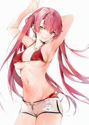 1girls 2020s 2021 absurdres arm_behind_head armpits arms_up bangs bikini black_ribbon blush breasts cowboy_shot dolphin_shorts earrings eyebrows_visible_through_hair female female_focus female_only front_view hair_ribbon halter_top halterneck heart heart_earrings heart_necklace heterochromia highres hololive hololive_fantasy hololive_japan houshou_marine jewelry large_breasts logo_on_bottomwear long_hair looking_at_viewer manga navel necklace open_mouth panties pink_hair red_bikini red_eyes red_hair red_underwear ribbon shiny_breasts shiny_legs shiny_skin short_shorts shorts side_slit silver_(chenwen) simple_background smile solo solo_female solo_focus standing stomach string_bikini swimsuit twintails two_tone_bottomwear two_tone_bra very_long_hair virtual_youtuber white_background white_shorts yellow_eyes