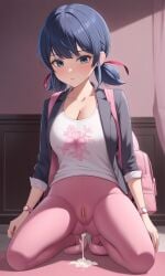 ai_generated blouse_jacket blue_eyes blue_hair cameltoe cherry_blossoms chloenette69 cleavage cum_on_ground kneeling_on_ground ladybug_(character) large_breasts looking_at_viewer marinette_cheng marinette_dupain-cheng miraculous:_tales_of_ladybug_and_cat_noir miraculous_ladybug pink_backpack pink_yoga_pants twintails wet_pussy white_tank_top wristwatch