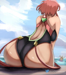 1girls alternate_costume ass ass_focus back back_view backless_outfit bare_back breasts chunchunkitsune female_focus huge_ass large_breasts one-piece_swimsuit pyra red_hair short_hair sitting sky sleesart solo_focus swimsuit thick_thighs water xenoblade_(series) xenoblade_chronicles_2