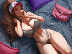 1girls 2021 alternate_breast_size alternate_version_available bag bare_legs belly_button blue_eyes breasts brown_hair cleavage female female_focus female_only fit_female grey_clothing hand_to_face hat hilda_(pokemon) hips huge_breasts lolliedrop long_hair long_ponytail lying_on_back lying_on_bed nintendo panties pokemon pokemon_bw ponytail slim_waist sports_bra sportswear thick_lips thick_thighs thighs tight_clothing tight_fit white_hat wide_hips