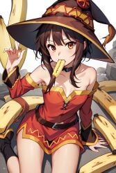 ai_generated banana brown_hair clothed collar hat kono_subarashii_sekai_ni_shukufuku_wo! megumin off_shoulder red_dress red_eyes short_hair sitting small_breasts takemehigh witch_hat