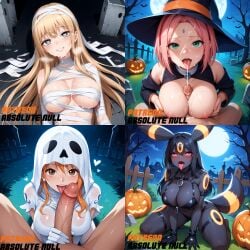 absolute_null ahe_gao ai_generated blacky_(pokemon) blush breasts bukkake cum cum_on_breasts cum_on_face erection fellatio female furry graveyard halloween halloween_costume haruno_sakura heavy_breathing kneeling long_hair looking_at_viewer male mummy mummy_wrappings nami naruto night nipples one_piece paizuri penis pokemon pokemon_(species) pokephilia sakura_haruno umbreon zoophilia