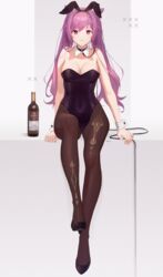 big_breasts bottle bunny_ears bunny_girl bunnysuit choker dasu genshin_impact keqing_(genshin_impact) purple_eyes purple_hair tagme thick_thighs tight_clothing twintails wine