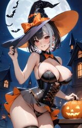 ai_generated areolae areolae_slip bat_(animal) black_hair black_panties cleavage corset halloween halloween_costume jack-o'-lantern makay makayai medium_breasts miniskirt moon multicolored_hair original original_character red_eyes short_hair smile white_hair witch_hat