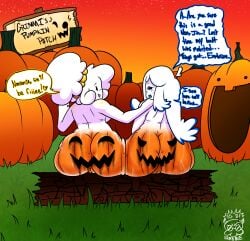 2d_(artwork) 2girls artist_signature ass ass_bigger_than_head ass_bigger_than_torso ass_focus ass_paint backboob background breasts caked_up chubby chubby_female female female_only freckles freckles_on_shoulders halloween hamb0ne heart_symbol jack-o'-lantern jin_(memeboober) nude nude_female outdoors pumpkin pumpkin_butt pumpkin_patch pussy sadie_(hamb0ne) shortstack sitting sitting_on_log text text_bubble thick thick_ass