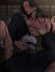 2boys black_hair black_nails blush blush digital_media_(artwork) gay jujutsu_kaisen lifting_leg long_hair owwllly satoru_gojo squeezing_breast suguru_geto white_hair yaoi