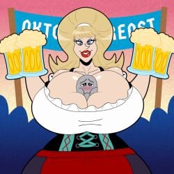 1girls animated anonymous_character barmaid beer beer_mug between_breasts bigbertha blonde_hair blue_eyes blush bouncing_breasts breasts cleavage cleavage_dress crowd drawsputin dress female female_focus female_only german german_female heart-shaped_pupils heart_symbol hyper hyper_breasts jiggling_breasts large_breasts lips oktoberfest