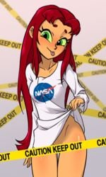 1girls bottomless centinel303 convenient_censoring dc female female_only flashing green_eyes long_hair looking_at_viewer nasa nasa_logo nasa_t-shirt no_panties police_tape red_hair shirt_lift small_breasts smile solo starfire tan_skin teen_titans tongue_out