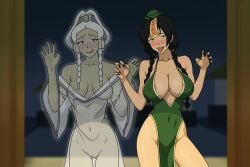 2girls alternate_version_available areola_slip avatar_legends avatar_the_last_airbender bare_shoulders claw_pose cleavage covered_navel covered_nipples earth_kingdom female ghost green_eyes hands_up huge_breasts jiangshi jiangshi_costume jin_(avatar) long_fingernails munshin nickelodeon nicktoons pelvic_curtain see-through see-through_clothing sharp_fingernails sleeveless tongue_out twintails water_tribe wide_sleeves yue