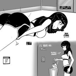 1girls ass black_hair blush breasts clenched_teeth dolphin_shorts elevator female greyscale have_to_pee jailor_eckman large_ass long_hair original original_character shorts stuck_in_elevator tears
