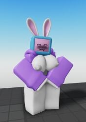 1girls 3d :3 baseplate blush blushing_at_viewer boobs_out breasts bunny bunny_ears bunny_tail computer_head happy melanie_(regretevator) regretevator roblox roblox_game roblox_studio robloxian screen screen_face tv_head