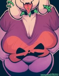 anthro belly big_breasts chubby chubby_female cleavage curvy deltarune female fur furry furry_female goat grabbing grabbing_own_breast hmiokun mammal milf open_mouth piercings pumpkin solo solo_female t-shirt tight_clothing tongue_out tongue_piercing toriel tummy undertale video_games