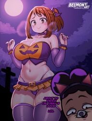 belmont big_breasts curvy curvy_figure halloween larger_female microskirt minoru_mineta my_hero_academia ochako_uraraka skimpy smaller_male thick_thighs thong thong_straps voluptuous wide_hips