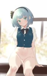 arm_support black_bow black_bowtie black_hairband blush bottomless bow bowtie censored cleft_of_venus clothing feet_out_of_frame female green_vest grey_hair hairband head_tilt highres konpaku_youmu light_censor light_smile looking_at_viewer navel puffy_short_sleeves puffy_sleeves pussy shirt short_hair short_sleeves sitting soara_shimomo solo stomach touhou vest white_shirt youmu_konpaku