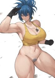 1girls bakaatako batako big_breasts blue_eyes blue_hair breasts breasts breasts busty clothed collar curvy curvy_figure earrings female gloves huge_breasts king_of_fighters leona_heidern light-skinned_female light_skin long_hair muscular muscular_female necklace no_panties no_pants nude nude_female pale-skinned_female pale_skin ponytail pussy removed_clothing round_breasts standing tank_top thick thick_legs thick_thighs thighs tied_hair voluptuous voluptuous_female wide_hips