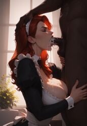 ai_generated blowjob closed_eyes cum cum_in_mouth cum_inside cum_on_breasts cum_on_face dark-skinned_male grabbing_head interracial large_breasts maid maid_outfit maid_uniform red_hair