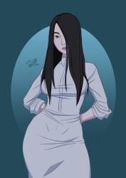 big_breasts black_hair hands_behind_back pale-skinned_female pale_skin roylandoficial sadako_yamamura simple_background solo solo_female white_dress yamamura_sadako