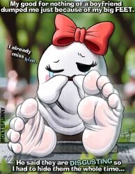 1female 4_toes big_feet chatgpt crying datsfunny feet feet_focus female female_ghost_(rippled_realm) foot_fetish ghost ghost_girl park ribbon sitting soles steam sweaty sweaty_feet sweaty_soles