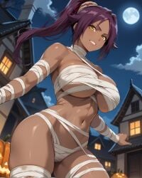 ai_generated athletic_female bare_thighs bleach dark-skinned_female dark_skin eroero_waifus gigantic_breasts halloween huge_breasts huge_thighs looking_down low-angle_view massive_breasts mature_female milf mummy mummy_costume mummy_wrappings oiled_body oiled_skin ponytail purple_hair shihouin_yoruichi shounen_jump smiling solo_female squatting sweat sweatdrop thick_thighs thighs voluptuous voluptuous_female yellow_eyes