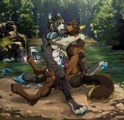 2022 anthro anthro_on_anthro blue_body blue_fur bodily_fluids canid canine canis clothing countershading day detailed_background digital_media_(artwork) digitigrade domestic_dog duo dust_(dustwolf13) eyebrows eyelashes fight_(artist) forest french_kissing frottage fur genital_fluids genitals german_shepherd green_eyes grey_body grey_fur herding_dog hi_res kissing knot licking_tongue male male/male mammal multicolored_body multicolored_fur muscular muscular_male open_mouth outside partially_submerged pastoral_dog penile penis penises_touching plant precum riff_(riff34) river sex teeth tongue tongue_out tree white_body white_fur wolf