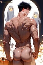 1boy ai_generated ass back bangs bara big_ass black_hair completely_nude from_behind gay genitals ghost goldenfieldszho green_eyes hair hairy hairy_armpits hairy_ass hairy_legs hairy_male halloween jack-o'-lantern jujutsu_kaisen looking_at_viewer looking_back male_focus male_pubic_hair median_furrow muscular muscular_male naked naked_male nude pumpkin scar short_hair smile solo spiked_hair sweat sweatdrop sweating sweaty sweaty_ass sweaty_balls sweaty_body sweaty_genitalia sweaty_legs sweaty_thighs testicles thick_ass thick_thighs thighs toji_fushiguro vein veins veiny veiny_arms veiny_muscles yaoi