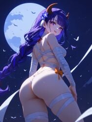 absurd_res ai_generated ass_focus bandages bats cute female from_below genshin_impact ghostly_atmosphere halloween ministro mummy mummy_costume night playful_expression raiden_shogun revealing_outfit seductive_pose spooky spooky_background white_bandages wink wrapped_in_bandages