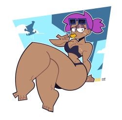 1boy 1girls ass big_ass big_thighs bikini black_bikini bottom_heavy child_bearing_hips cleavage dark-skinned_female dark_skin eating eating_food enid goodbyellow huge_ass k.o._(ok_k.o.!_let's_be_heroes) medium_breasts ok_k.o.!_let's_be_heroes pear-shaped_figure pear_shaped pear_shaped_female ponytail popsicle purple_hair silhouette sunglasses thick thick_ass thick_legs thick_thighs thin_waist thunder_thighs tied_hair wide_hips